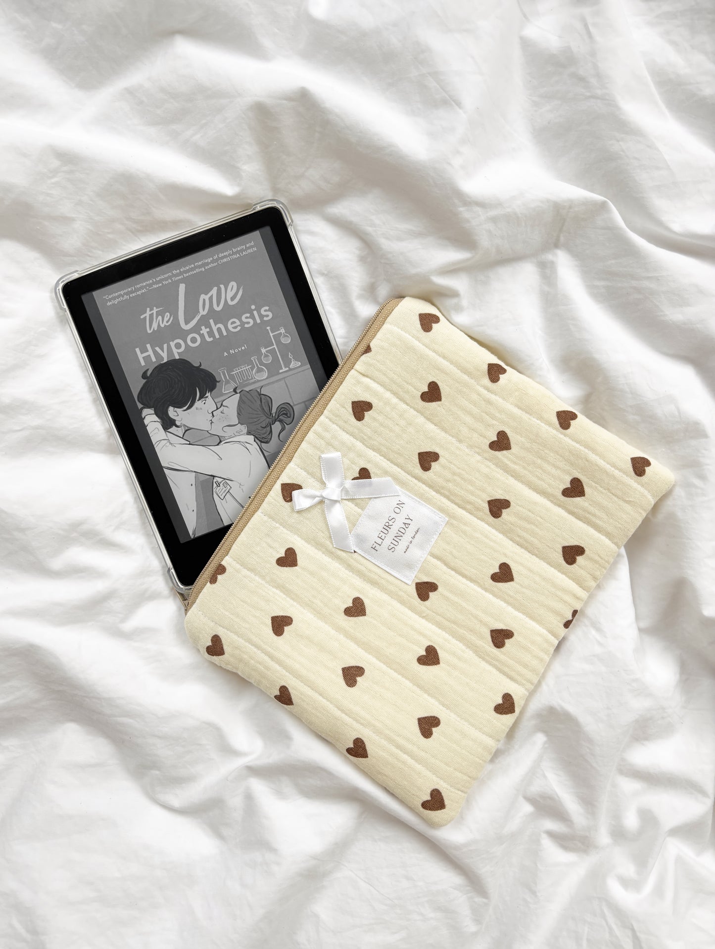 Beige Brown Hearts Quilted Zipper Pouch | Makeup Pouch