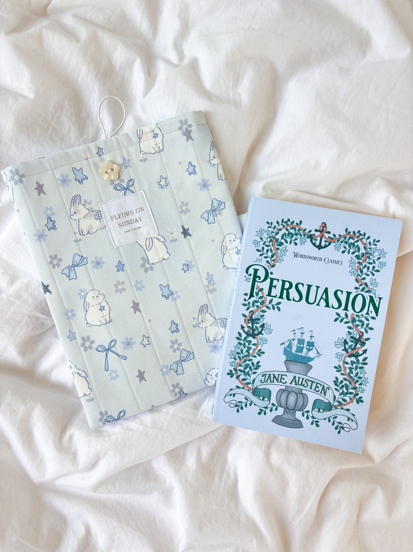 Blue Whimsical Bunnies Book Sleeve | Cute Book Sleeve