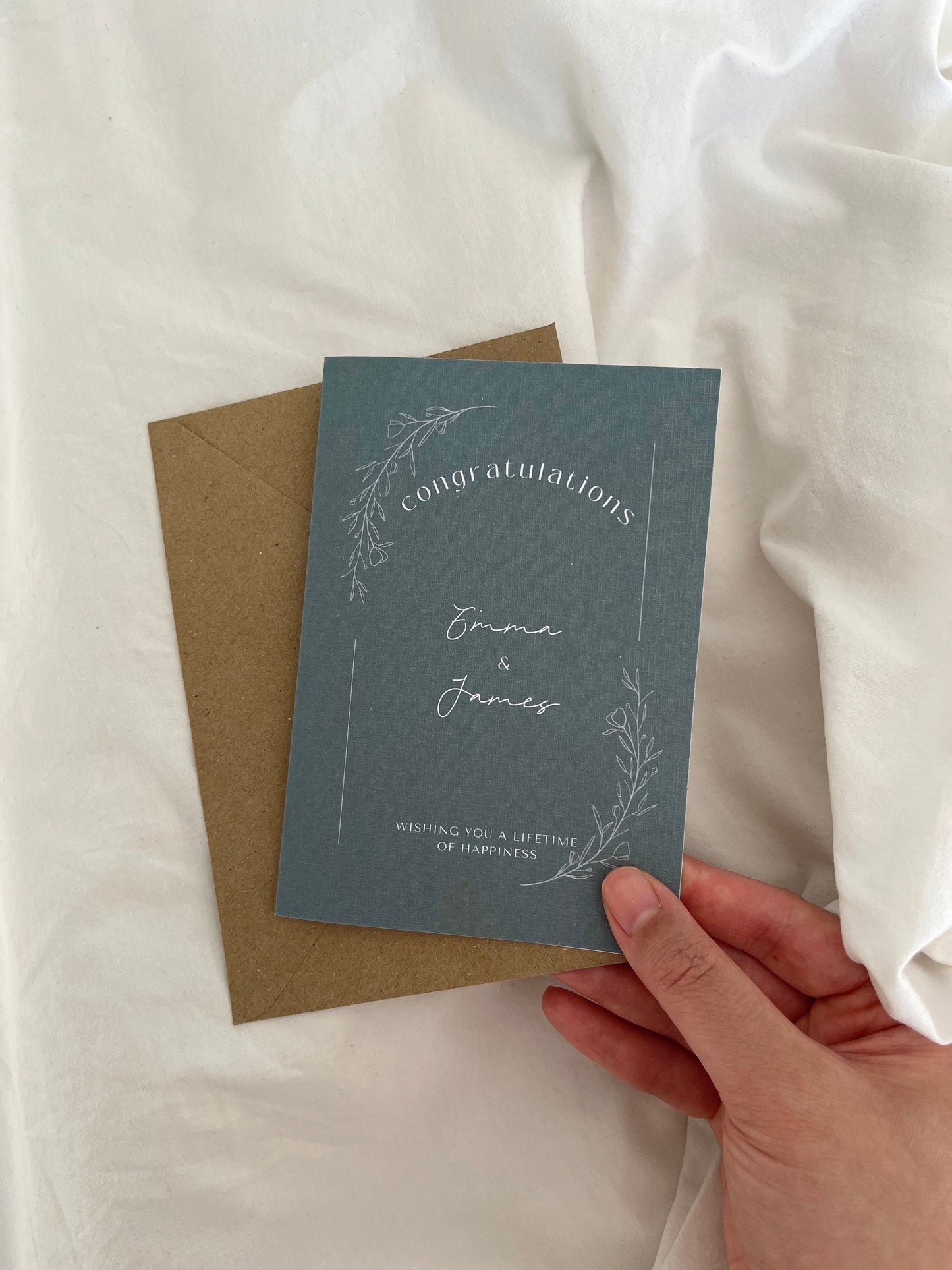 Green Sage Rustic Personalised Names Engagement / Wedding Congratulations Greeting Card
