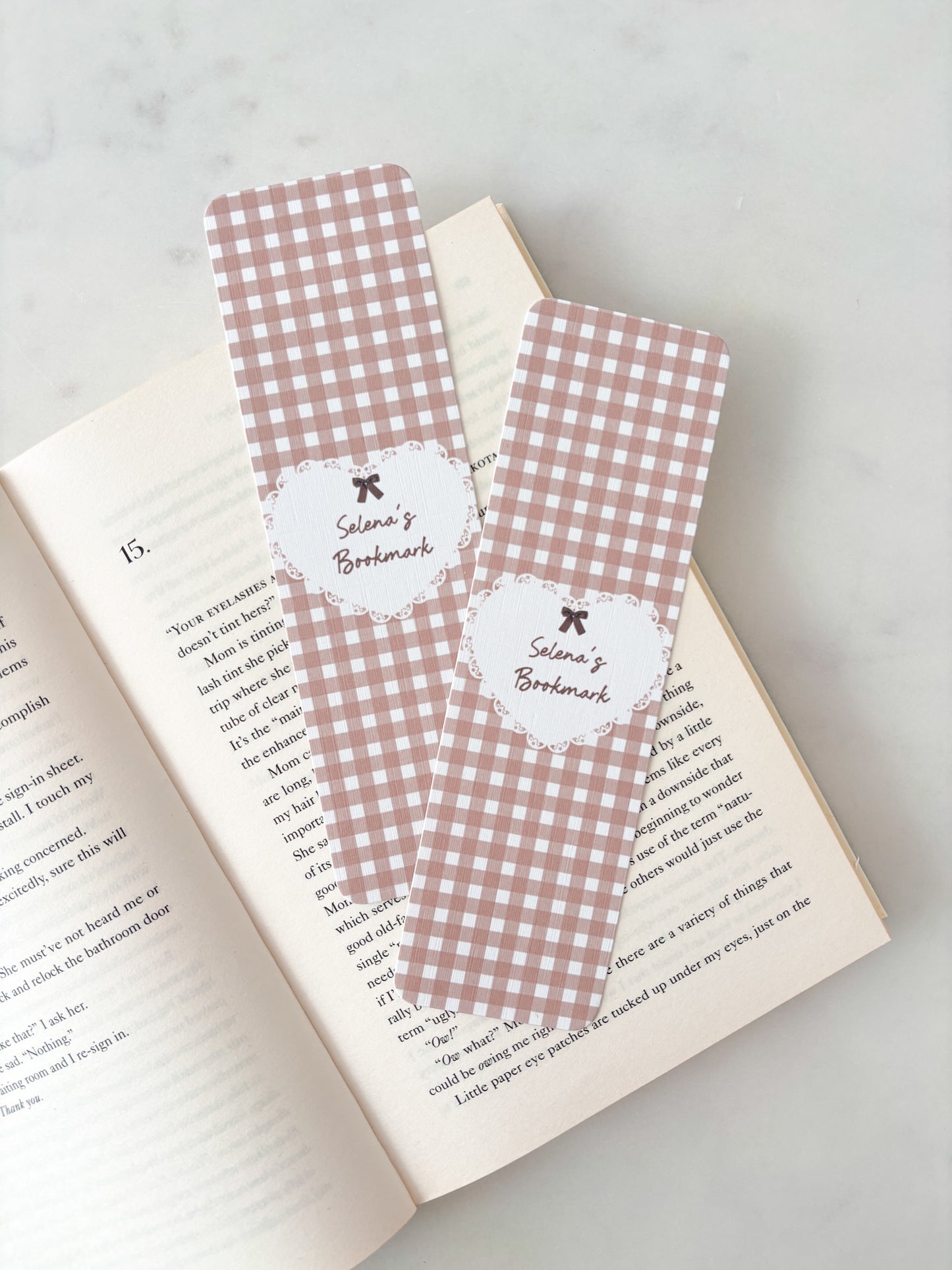 Beige Gingham Personalised Name Bookmark