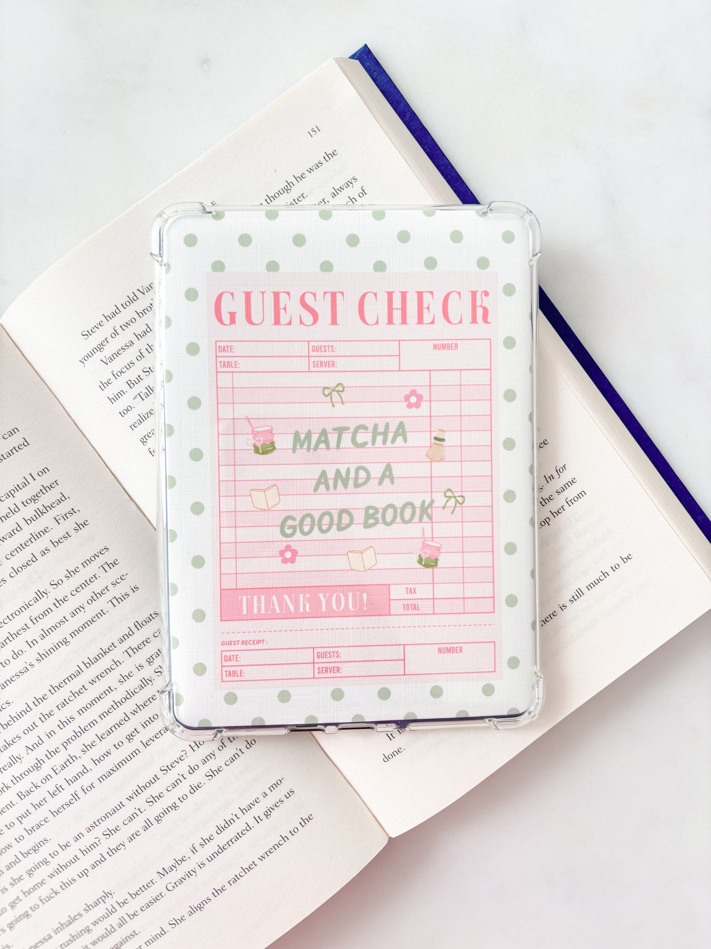 Guest Check Matcha And A Good Book Kindle Insert | Cute E-Reader Insert
