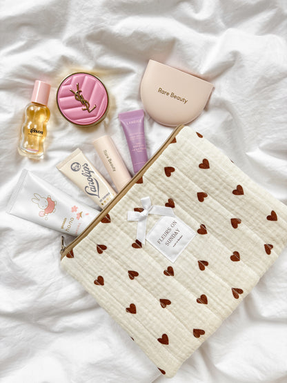 Beige Brown Hearts Quilted Zipper Pouch | Makeup Pouch