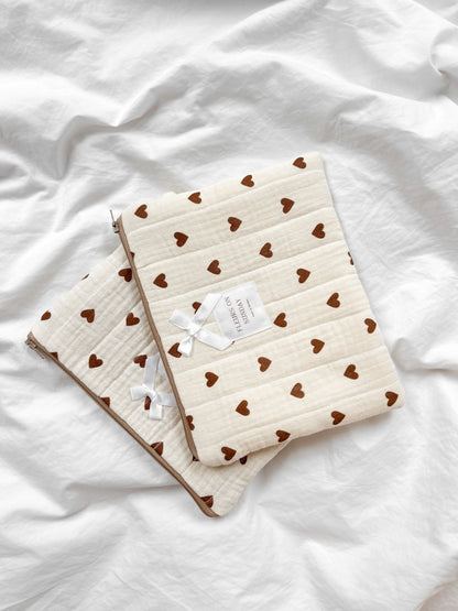 Beige Brown Hearts Quilted Zipper Pouch | Makeup Pouch