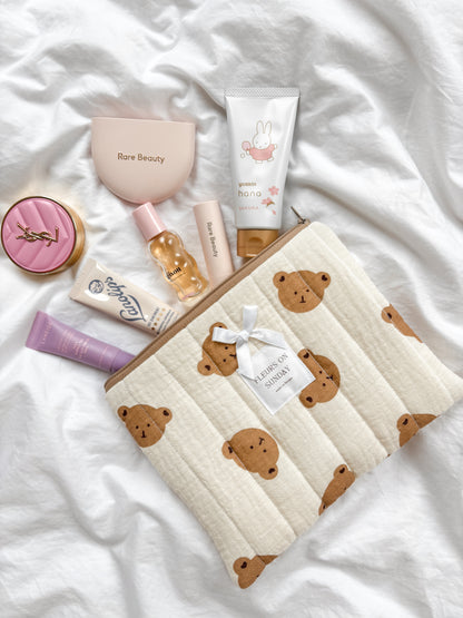 Beige Bear Quilted Zipper Pouch | Makeup Pouch