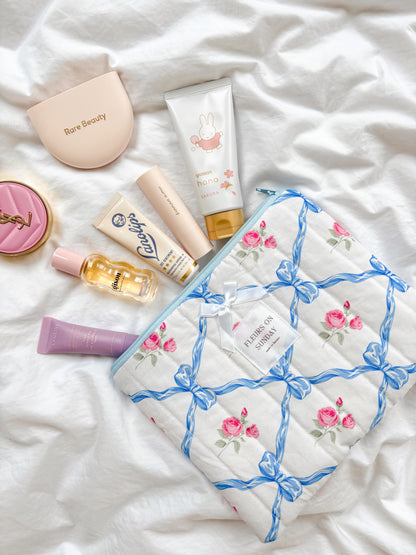 Blue Vintage Coquette Quilted Zipper Pouch | Makeup Pouch