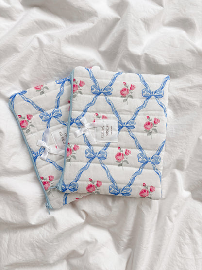 Blue Vintage Coquette Quilted Zipper Pouch | Makeup Pouch