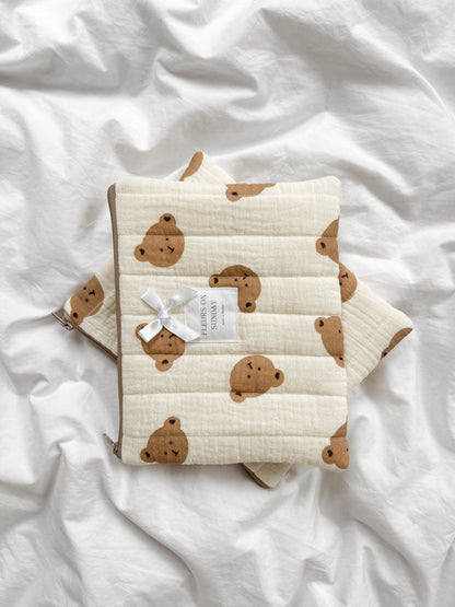 Beige Bear Quilted Zipper Pouch | Makeup Pouch
