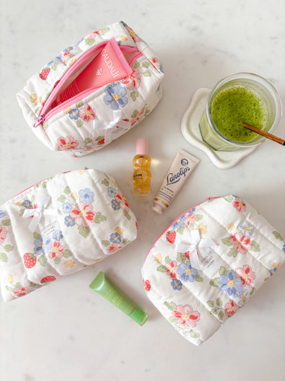 Sweet Strawberries & Florals Quilted Makeup Pouch