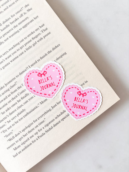 Personalised Name Sticker Pink Journal Coquette Heart