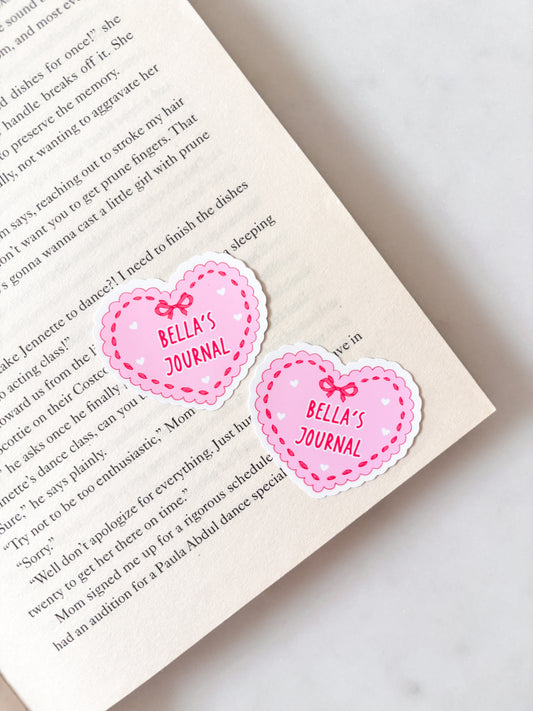 Personalised Name Sticker Pink Journal Coquette Heart