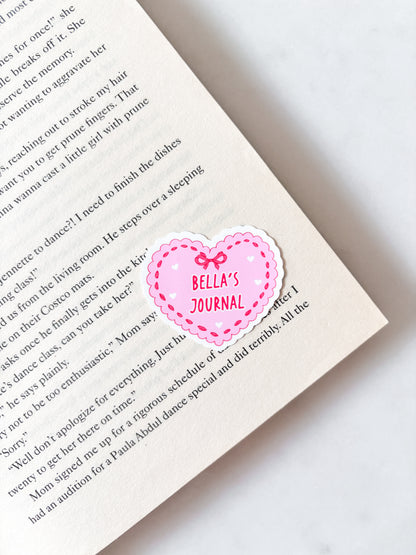 Personalised Name Sticker Pink Journal Coquette Heart