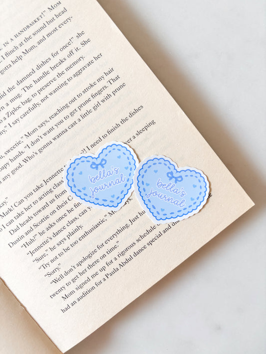 Personalised Name Sticker Blue Love Heart Journal