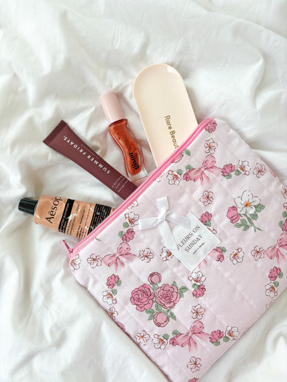 Pink Coquette Bows & Florals Quilted Zipper Pouch