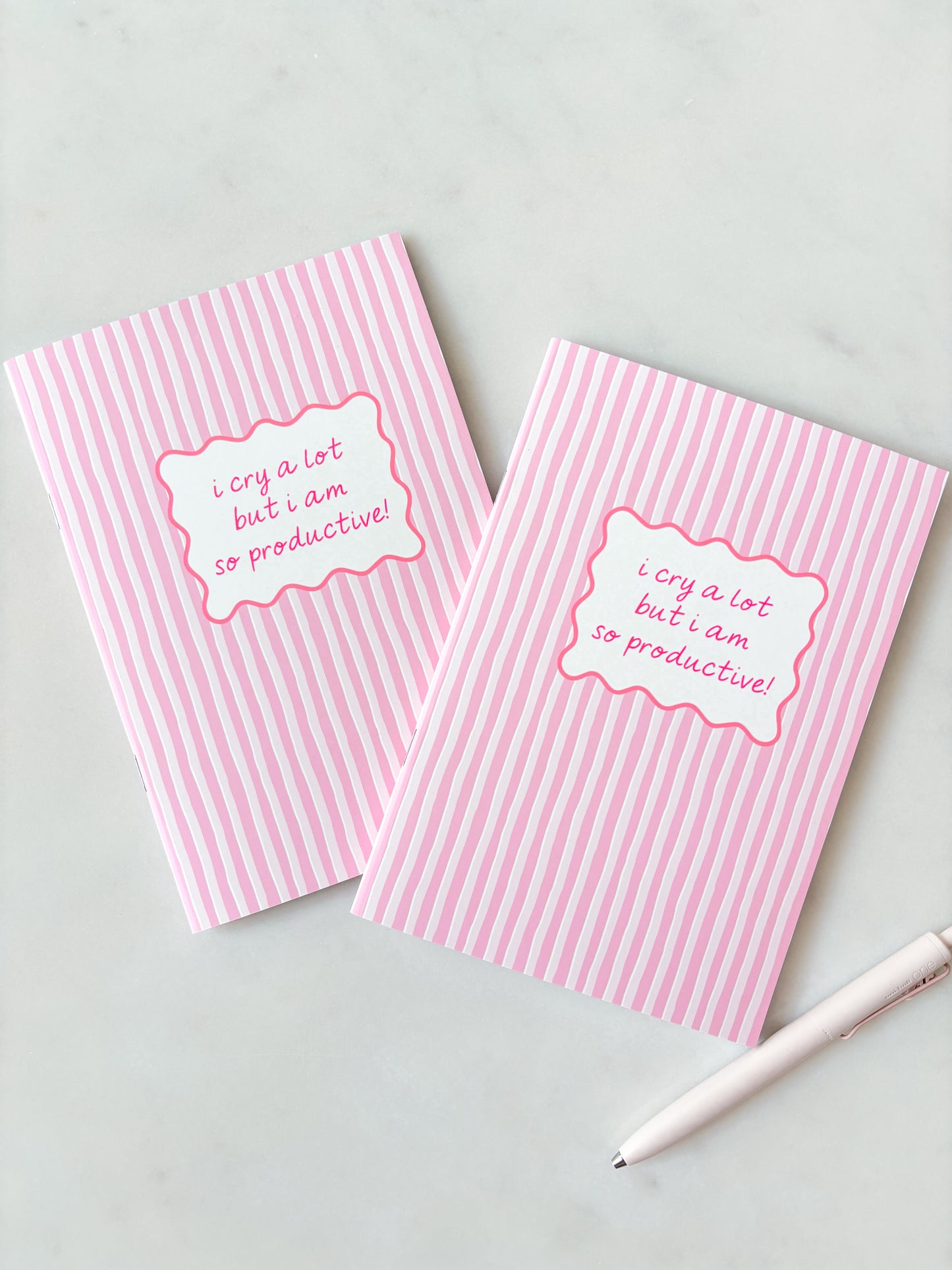 Two pink striped notebooks with a white label on a light gray background