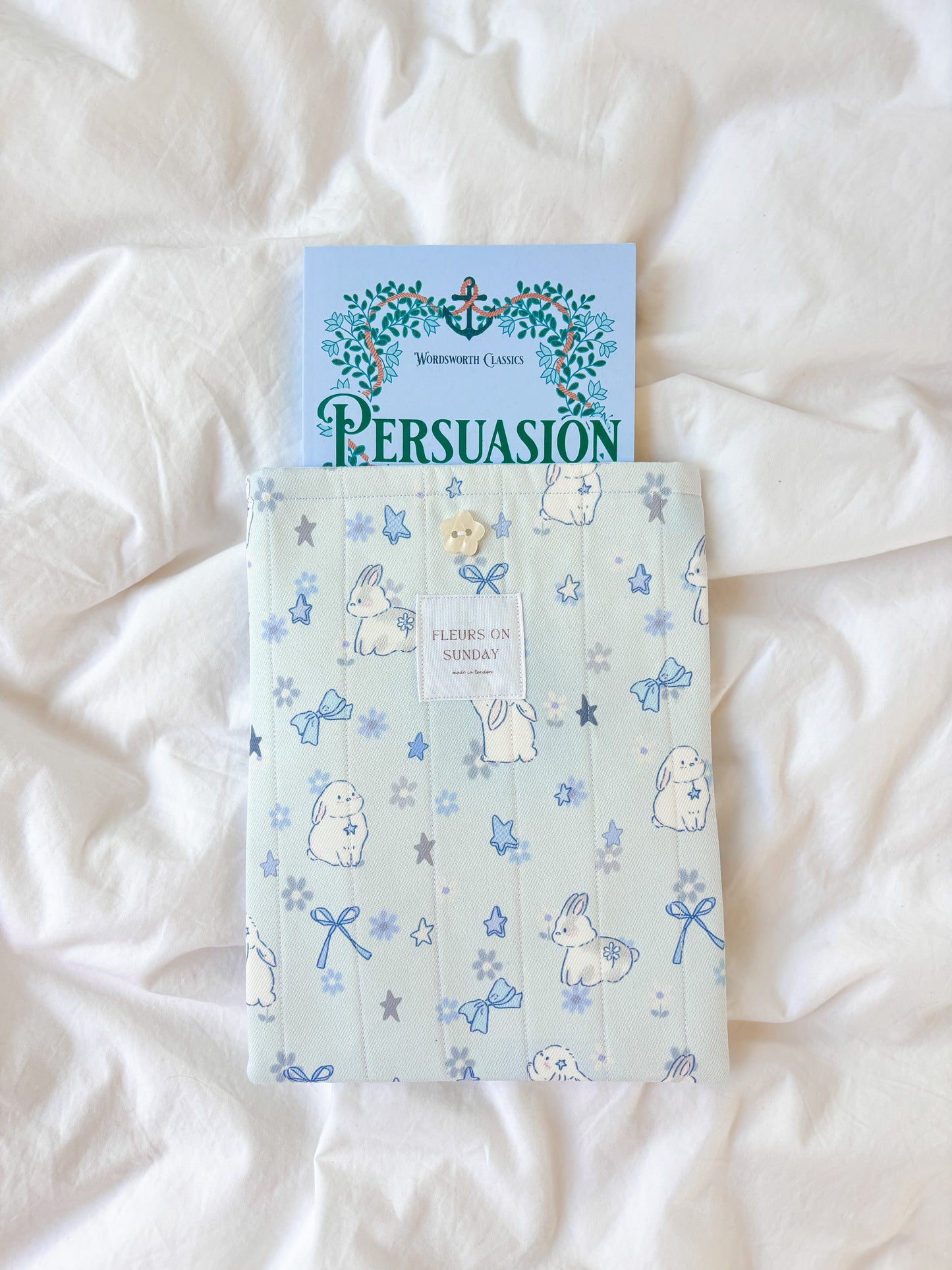 Blue Whimsical Bunnies Book Sleeve | Cute Book Sleeve
