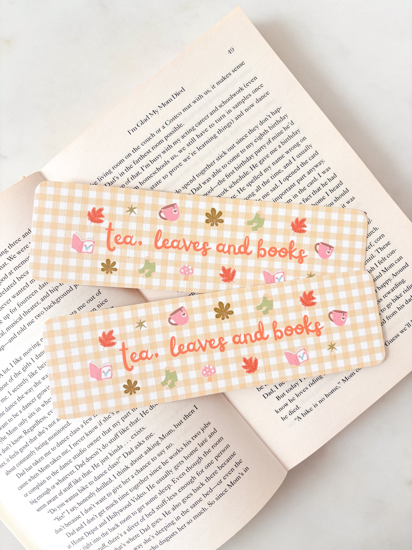 Tea, Leaves And Books Yellow Gingham Bookmark