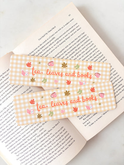 Tea, Leaves And Books Yellow Gingham Bookmark