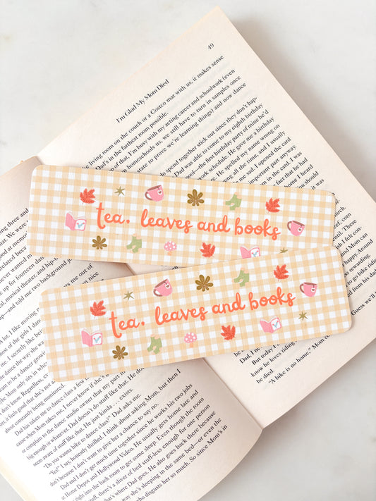 Tea, Leaves And Books Yellow Gingham Bookmark
