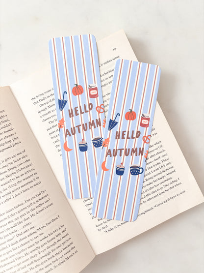 Hello Autumn Blue Striped Bookmark