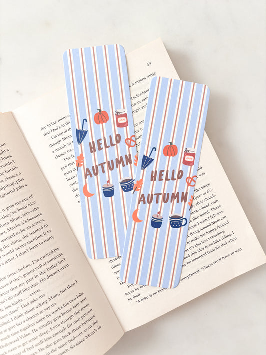 Hello Autumn Blue Striped Bookmark