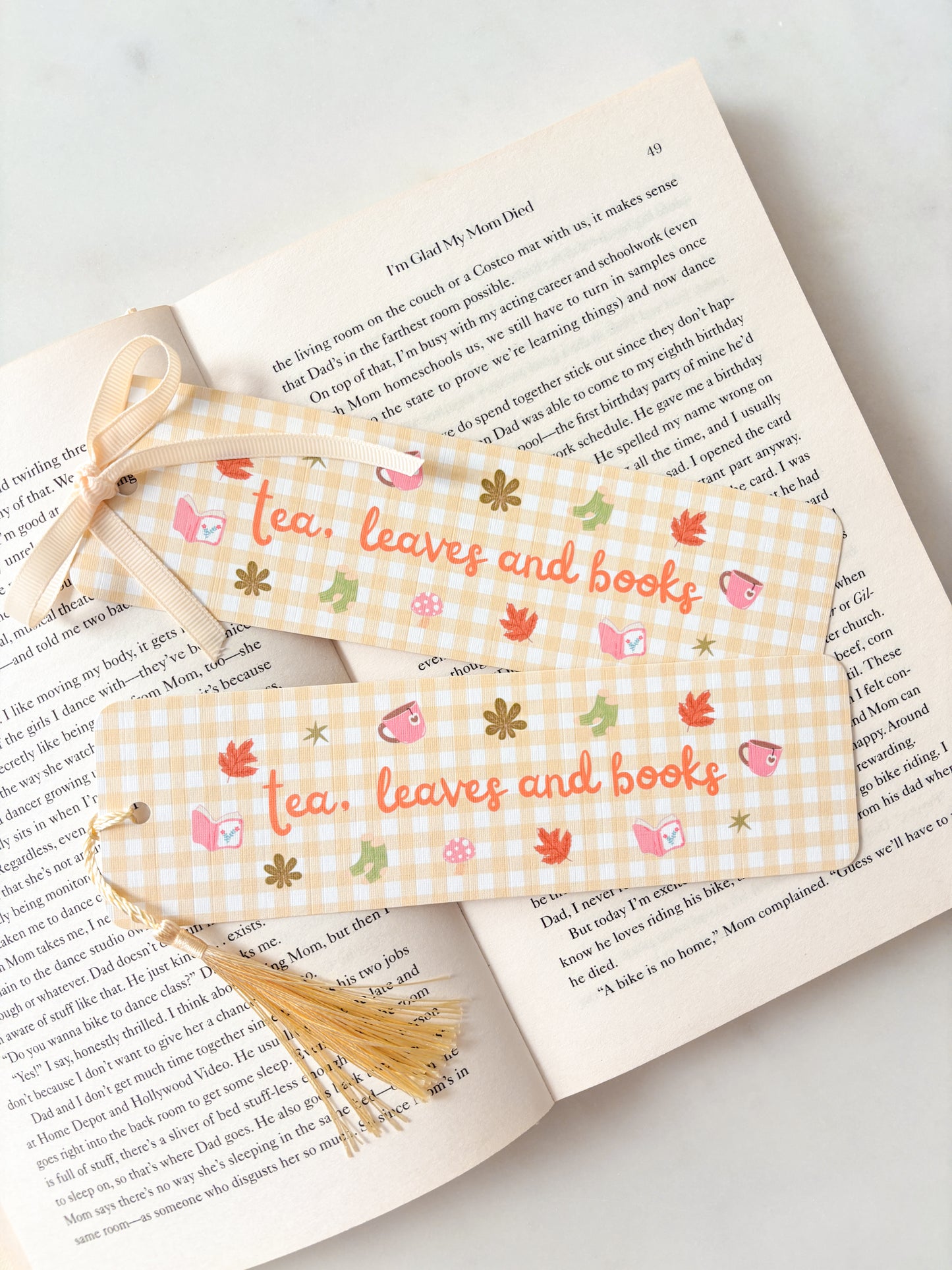 Tea, Leaves And Books Yellow Gingham Bookmark