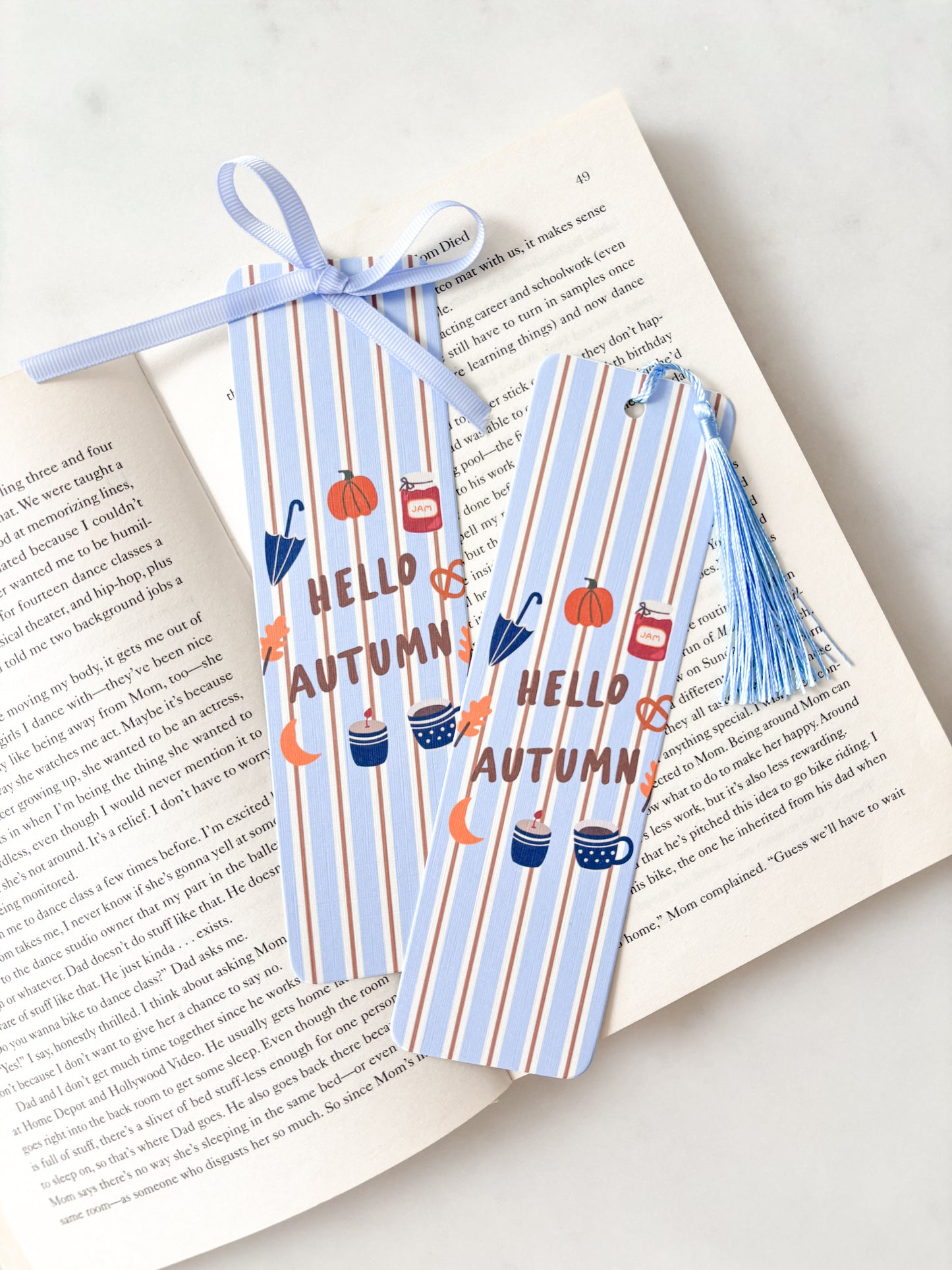Hello Autumn Blue Striped Bookmark