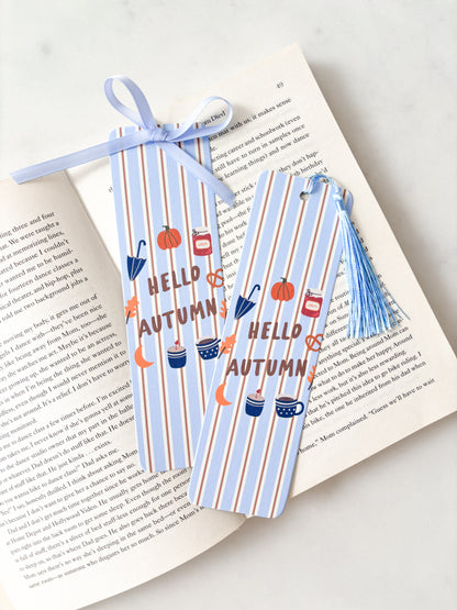Hello Autumn Blue Striped Bookmark