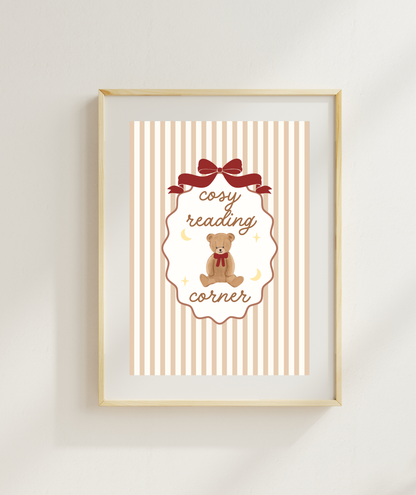 Cosy Reading Corner Teddy Bear Art Print | Cute Bear Poster