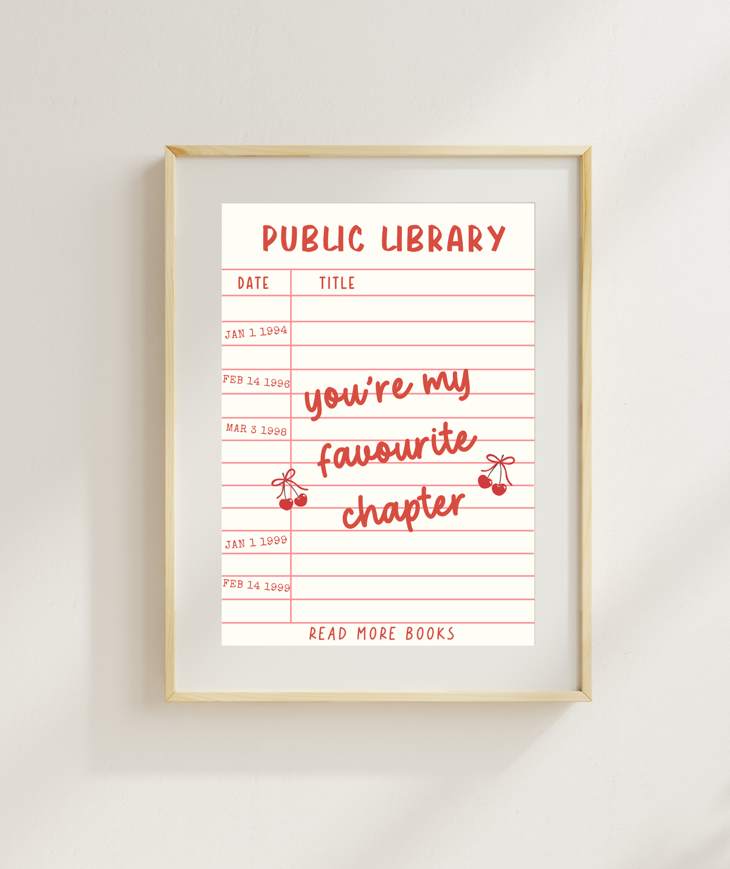 Vintage Library Card Art Print | You're My Favourite Chapter Quote Print