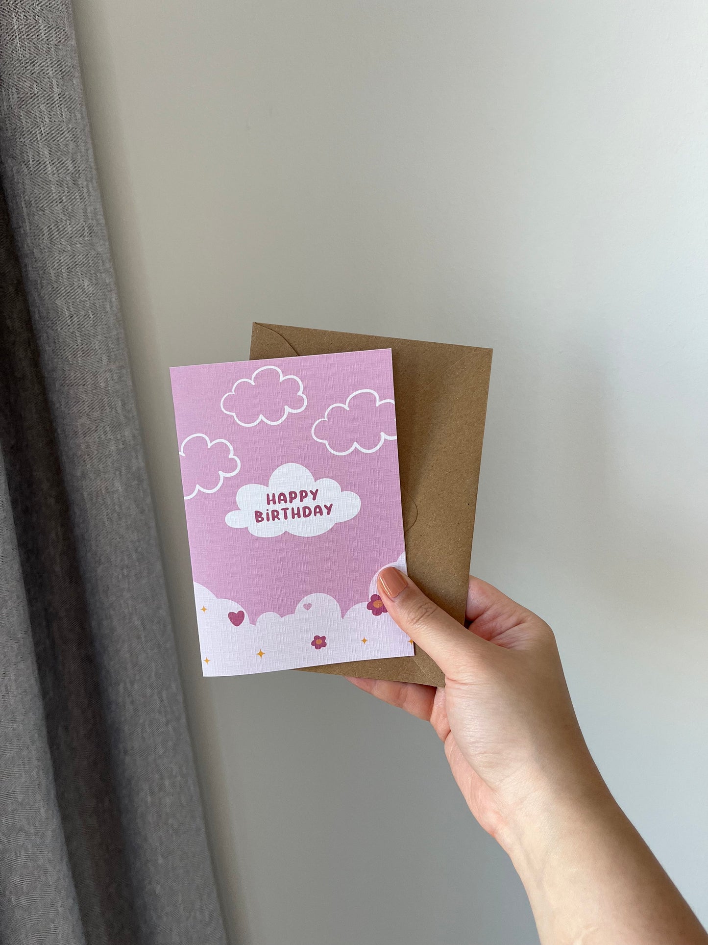 Kawaii Cute Happy Birthday Card - Pink Cute Clouds Birthday Card For Girl