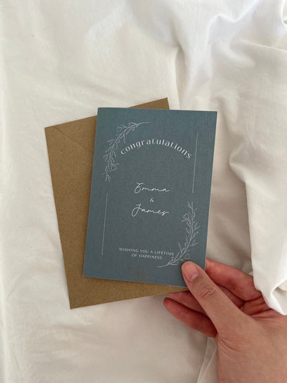 Green Sage Rustic Personalised Names Engagement / Wedding Congratulations Greeting Card