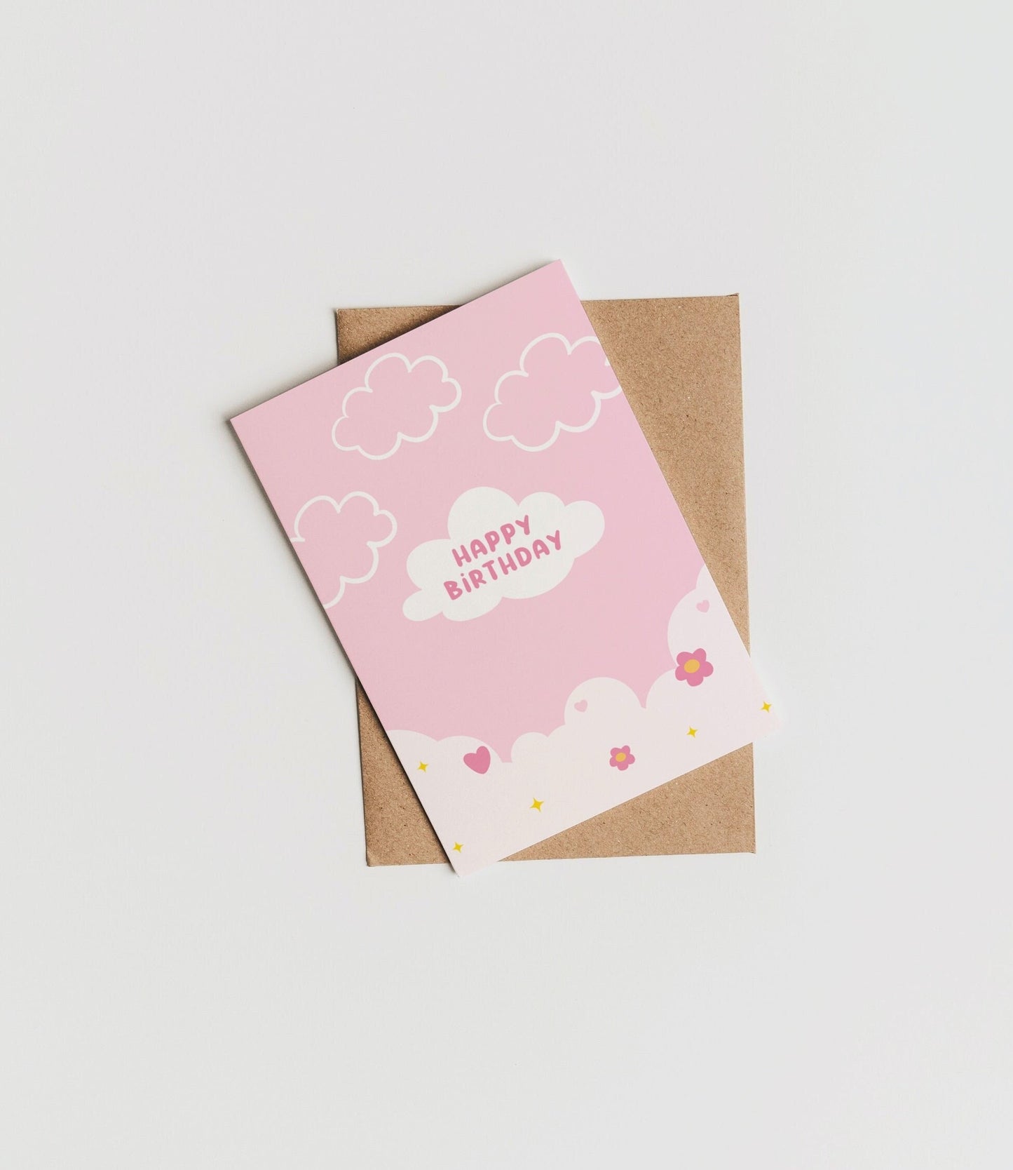 Kawaii Cute Happy Birthday Card - Pink Cute Clouds Birthday Card For Girl