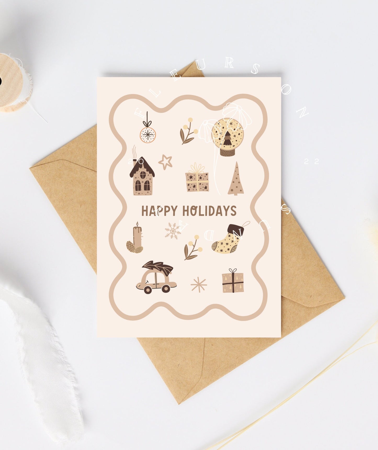 Happy Holidays Hygge Card | Cosy Winter Christmas Card | Minimal Christmas Card | Beige Christmas