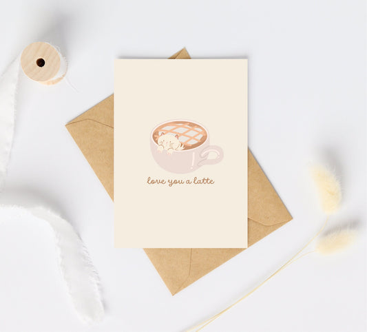 Love You A Latte | Cat Kitten Card | Valentines Day Card | Coffee Latte Art I love You Card | Cute Cat Card | Anniversary Card | Love Card