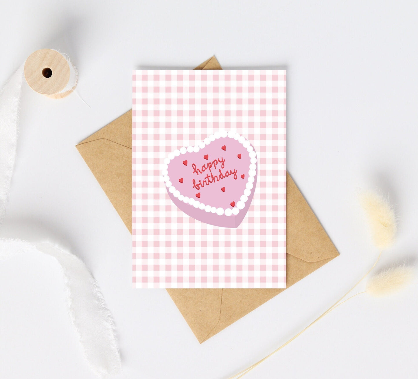 Vintage Retro Cake Birthday Card | Pink Gingham Cake Card