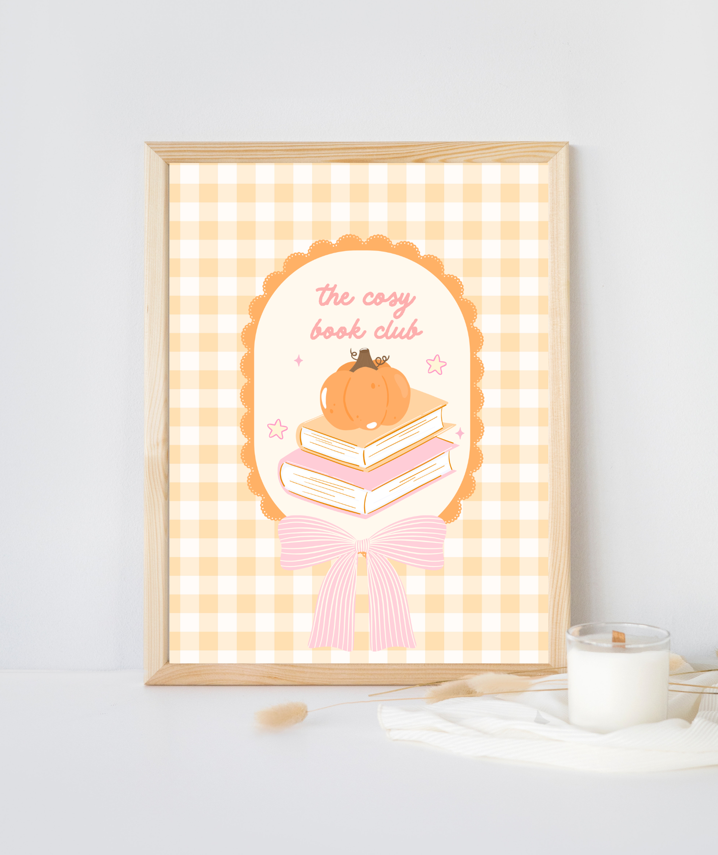 Gingham Autumn Pumpkin Book Club Art Print