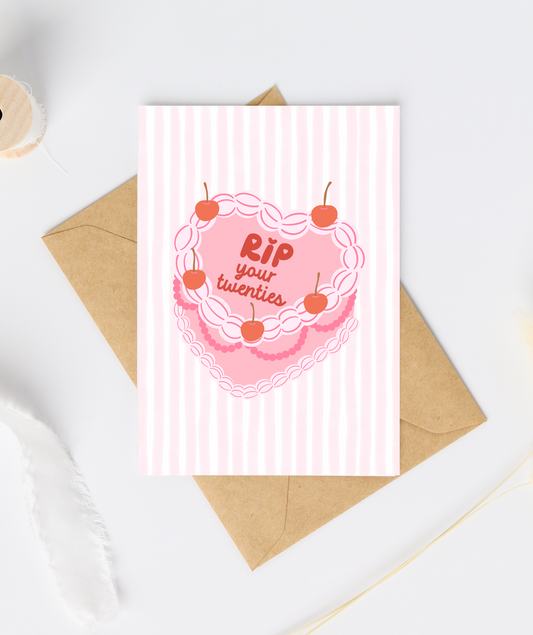 RIP Your Twenties Birthday Card | Heart Cake Card