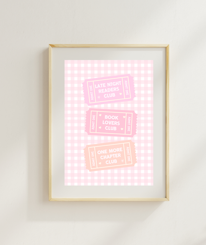 Pink Gingham Book Club Tickets Art Print