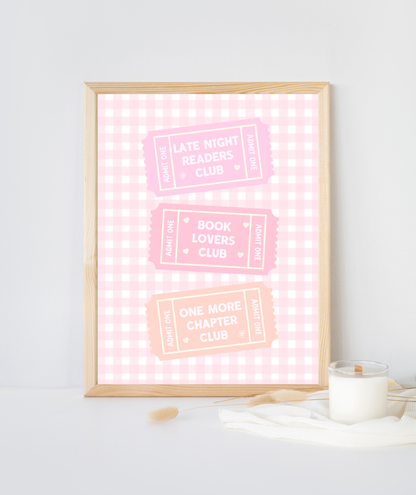 Pink Gingham Book Club Tickets Art Print